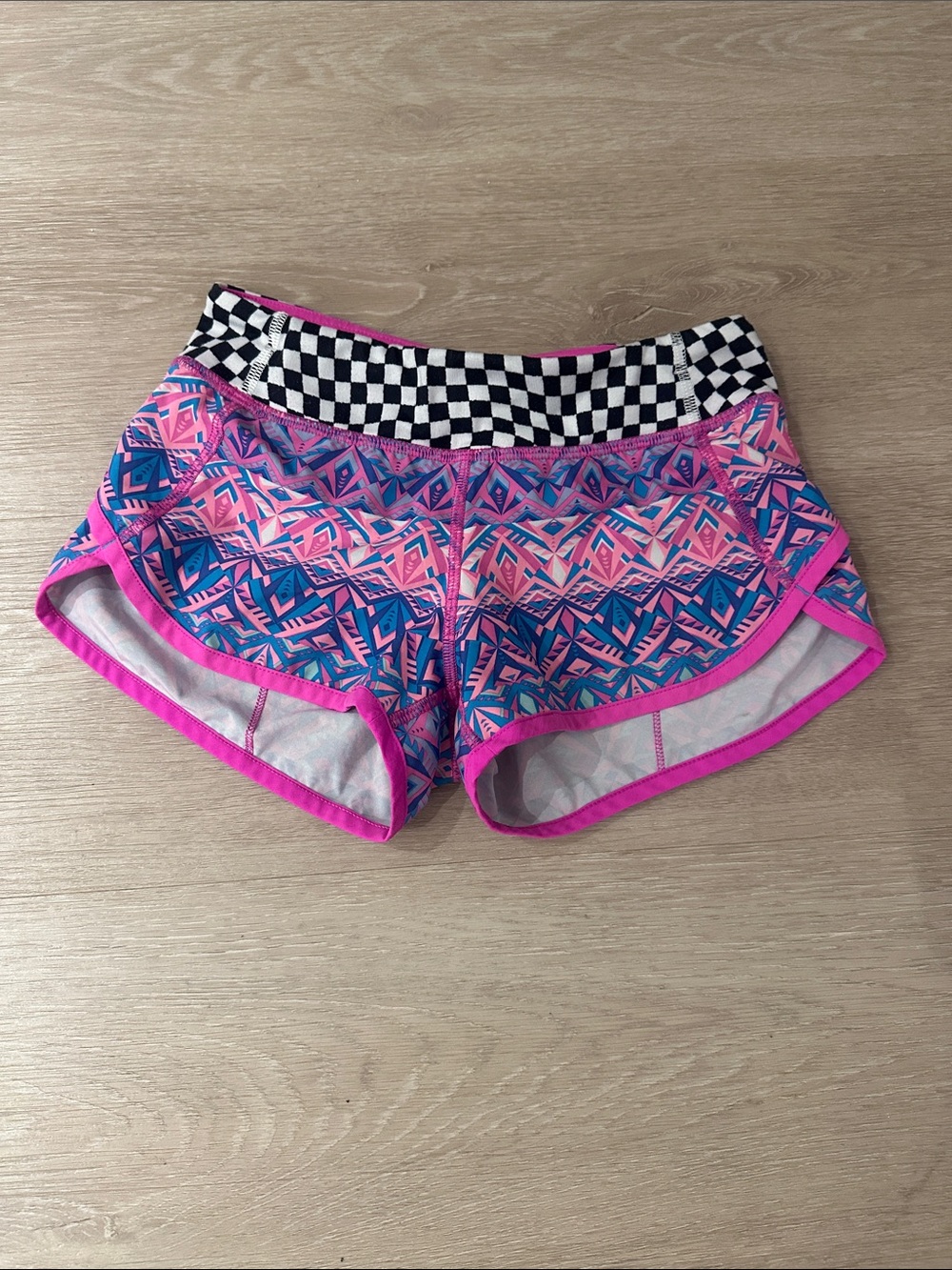 Ivivva Pink and Blue Geometric Athletic Shorts with Checker Waistband